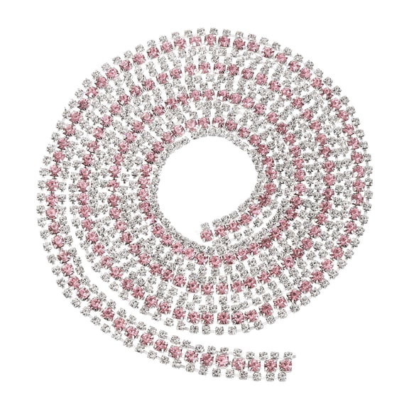 Uxcell 2 Yards 3 Rows Crystal Rhinestone Close Chain Trim, Claw Cup Chain with Silver Base for DIY Craft, White/Pink/White