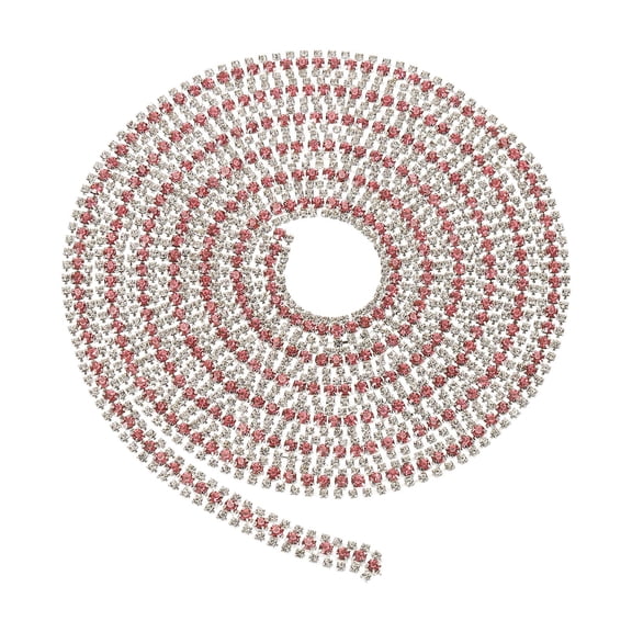 Uxcell 2 Yards 3 Rows Crystal Rhinestone Close Chain Trim, Claw Cup Chain with Silver Base for DIY Craft, White/Rose Red/White