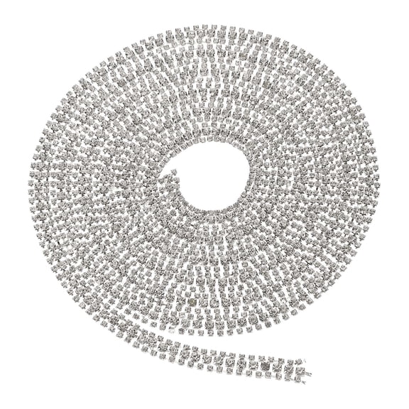 Uxcell 2 Yards 3 Rows Crystal Rhinestone Close Chain Trim, Claw Cup Chain with Silver Base for DIY Craft, White