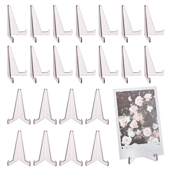Uxcell 20 Pack Card Display Stand, 3.4" Clear Plastic Easel Stands Mini Picture Coin Display Easel Holder for Pictures Game Card Small Art Works Home Table Decor, Gray Purple