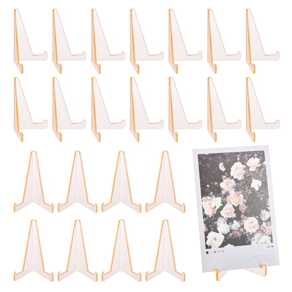 Uxcell 20 Pack Card Display Stand, 3.4" Clear Plastic Easel Stands Mini Picture Coin Display Easel Holder for Pictures Game Card Small Art Works Home Table Decor, Orange