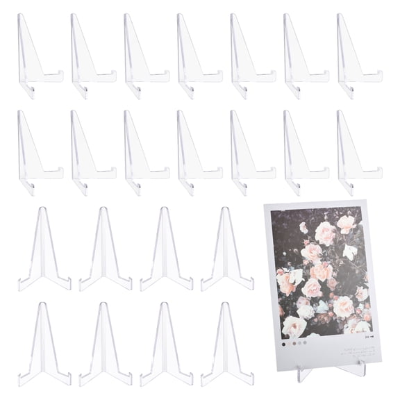 Uxcell 20 Pack Card Display Stand, 3.4" Clear Plastic Easel Stands Mini Picture Coin Display Easel Holder for Pictures Game Card Small Art Works Home Table Decor, Transparent
