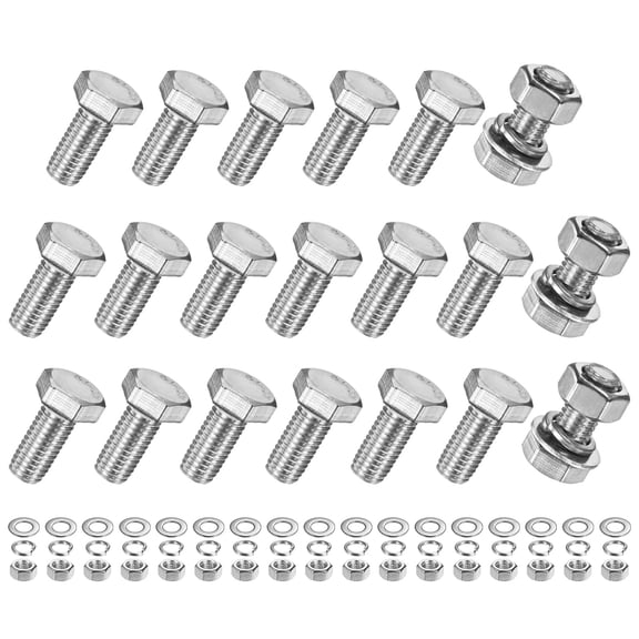 Uxcell 20-Pack Hex Head Screw Bolt with Nuts Flat & Lock Washers M10x22mm Stainless Steel Bolts Kit Fully Threaded Metric