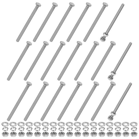 Uxcell 20-Pack Hex Head Screw Bolt with Nuts Flat & Lock Washers M6x90mm Stainless Steel Bolts Kit Fully Threaded Metric