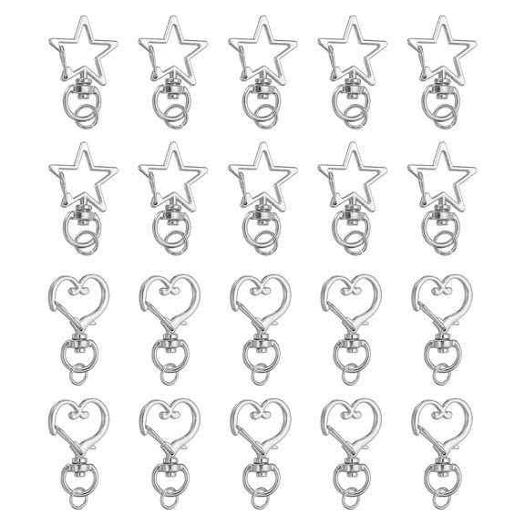 Uxcell 20 Pack Metal Spring Snap Keychain Clip, Star Heart Shape Lobster Clasp, Silver