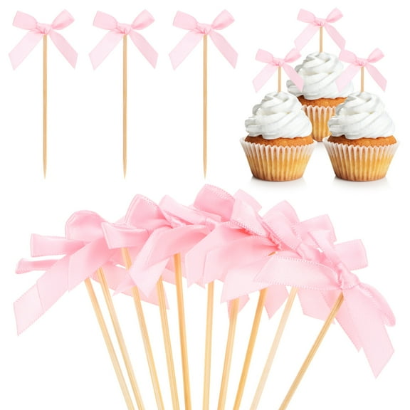 Uxcell 60-Pack Pink Bow Cupcake Toppers, Ribbon Bow Cake Toppers Bowknot Cupcake Picks Birthday Cake Decor for Bridal Shower [Pink]