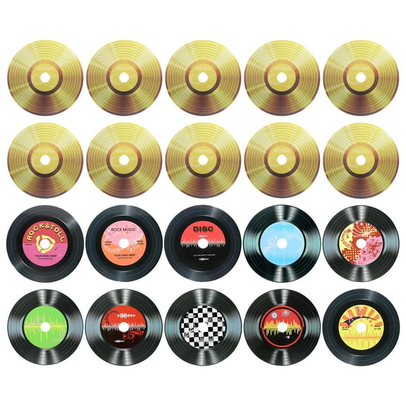 Uxcell 20 Pack Vinyl Records Decor, 5.5 Inch Blank Vinyl Records 11 Designs Fake CD Album Cover for Rock and Roll Party Dining Home Decorations, (Black and Gold, Style 6)