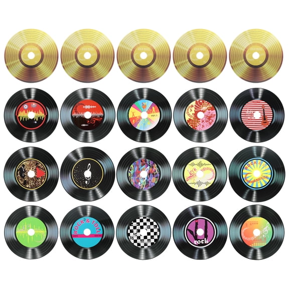 Uxcell 20 Pack Vinyl Records Decor, 5.5 Inch Blank Vinyl Records 16 Designs Fake CD Album Cover for Rock and Roll Party Dining Home Decorations, (Black and Gold, Style 1)