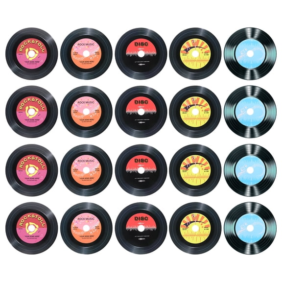 Uxcell 20 Pack Vinyl Records Decor, 5.5 Inch Blank Vinyl Records 5 Designs Fake CD Album Cover for Rock and Roll Party Dining Home Decorations, (Black, Style 7)