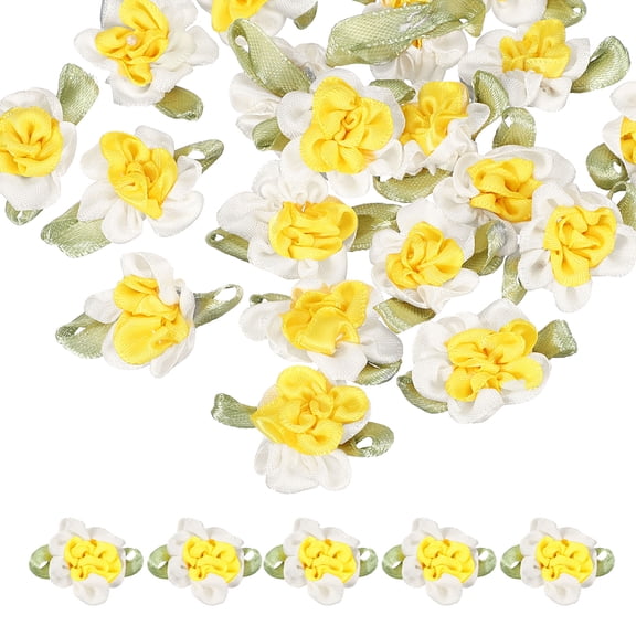 Uxcell 20 Pcs 1.2 Inch Satin Ribbon Flowers Craft Ribbon Bows Flowers Applique Floral Embellishment for DIY Sewing Clothing Hair Bows Wedding Decorations, White/Yellow