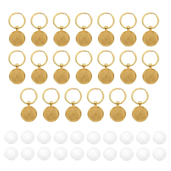 Uxcell 20 Pcs 25mm Cabochons Keychain Kit Pendant Setting Trays Glass Cabochons Base Blank Keychain Making Kit for Key Ring Supplies Photo Resin Crafting, Golden