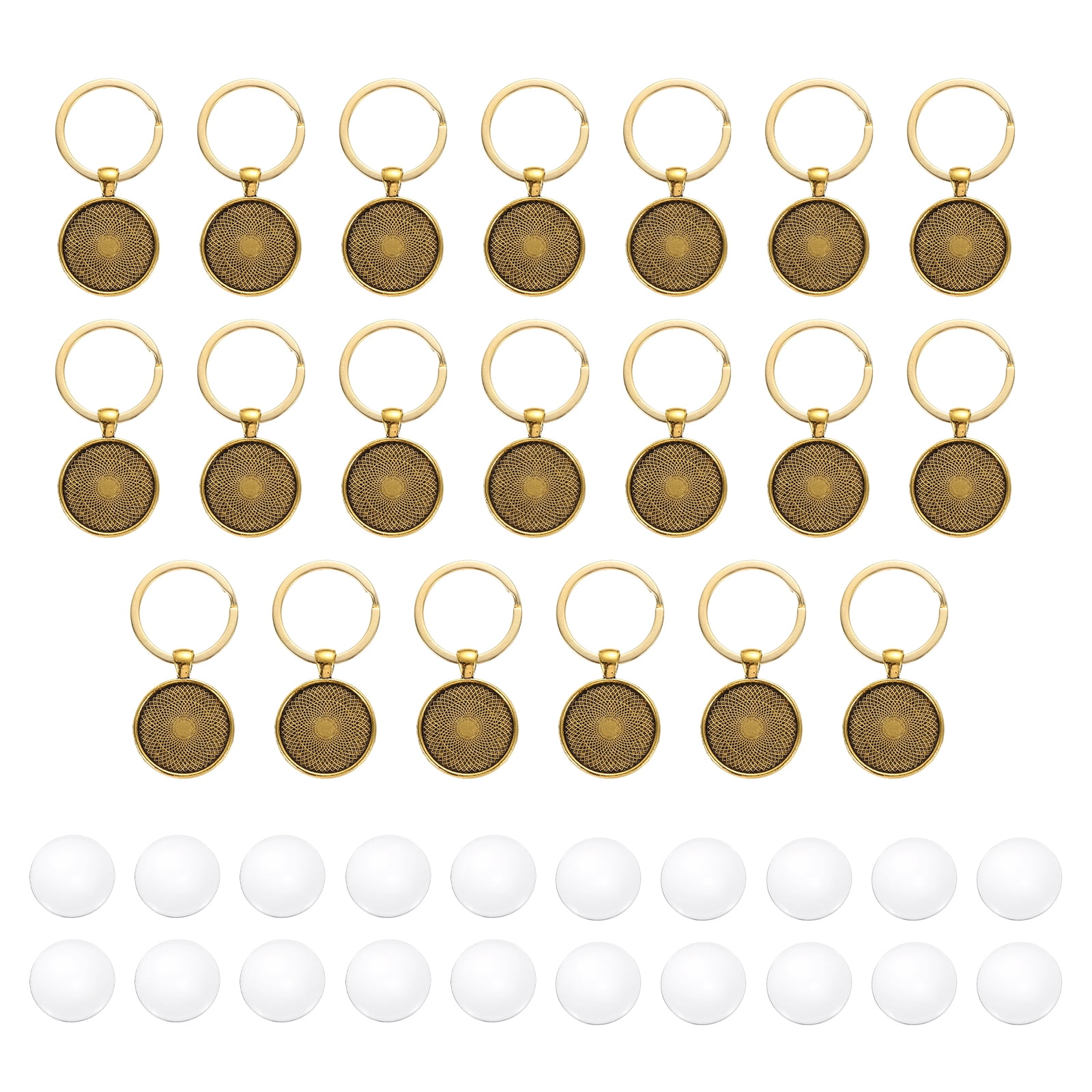 Uxcell 20 Pcs 25mm Cabochons Keychain Kit Pendant Setting Trays Glass Cabochons Base Blank Keychain Making Kit for Key Ring Supplies Photo Resin Crafting, Gold Tone