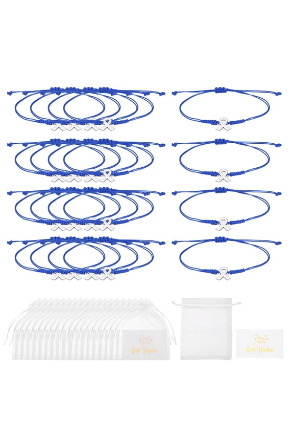20 Pcs Breast Cancer Bracelets Bulk, Adjustable Ribbon Braided Bracelet Ribbon Care Gifts Set with Card & Mesh Bag Cancer Care Gifts for Women, Blue