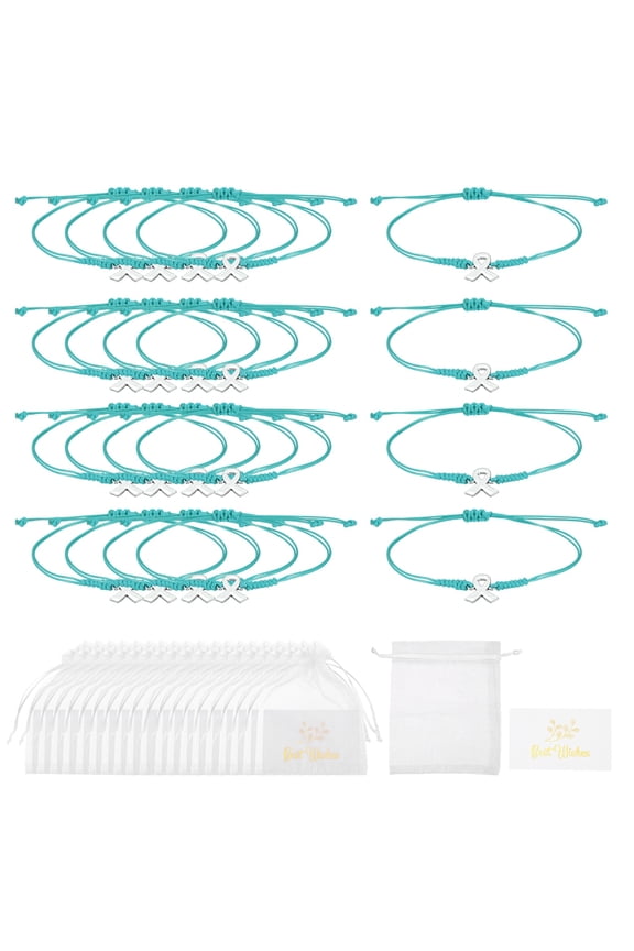 20 Pcs Breast Cancer Bracelets Bulk, Adjustable Ribbon Braided Bracelet Ribbon Care Gifts Set with Card & Mesh Bag Cancer Care Gifts for Women, Green
