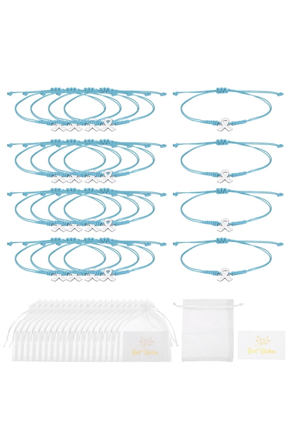 20 Pcs Breast Cancer Bracelets Bulk, Adjustable Ribbon Braided Bracelet Ribbon Care Gifts Set with Card & Mesh Bag Cancer Care Gifts for Women, Light Blue