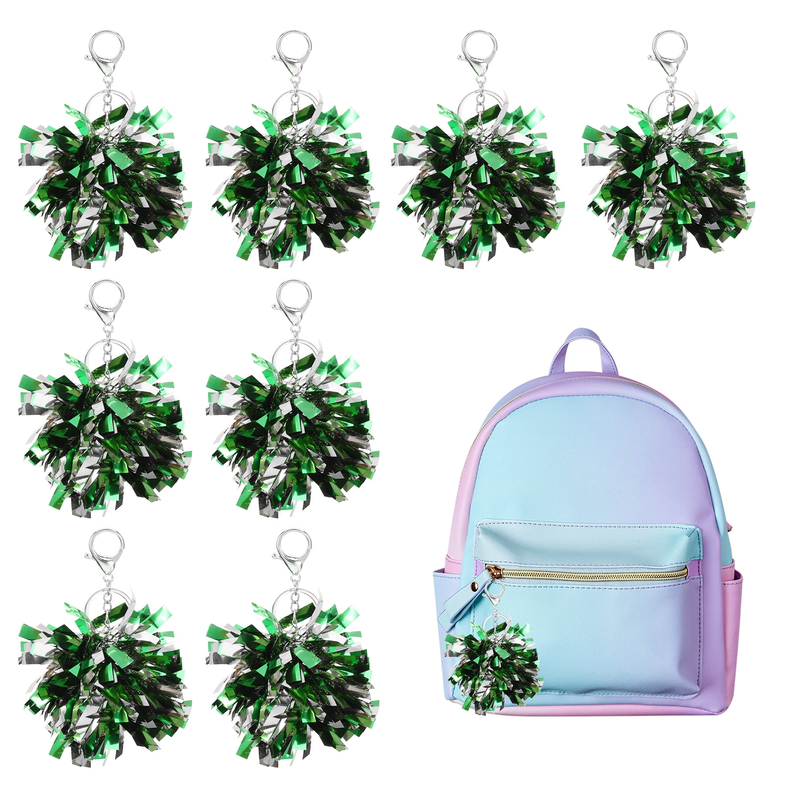 Uxcell 20 Pcs Cheer Pom Pom Keychain, Cheerleading Gift Charm Plastic Keyring Bulk for Cheerleaders Team Women Sports Events Cheer Accessory Supplies, Green/Silver Tone