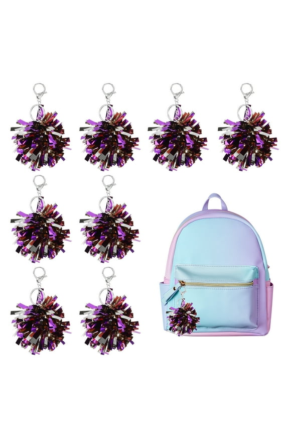 20 Pcs Cheer Pom Pom Keychain, Cheerleading Gift Charm Plastic Keyring Bulk for Cheerleaders Team Women Sports Events Cheer Accessory Supplies, Purple/Silver Tone