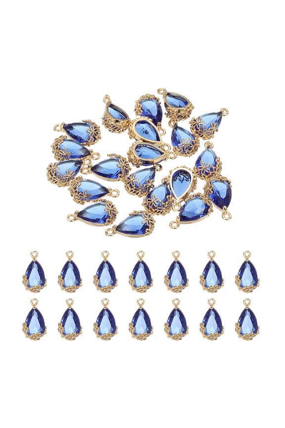 20 Pcs Faceted Teardrop Rhinestone Gemstone Charms, 16 x 9 mm Gold Plated Glass Crystal Dangle Pendants, Blue
