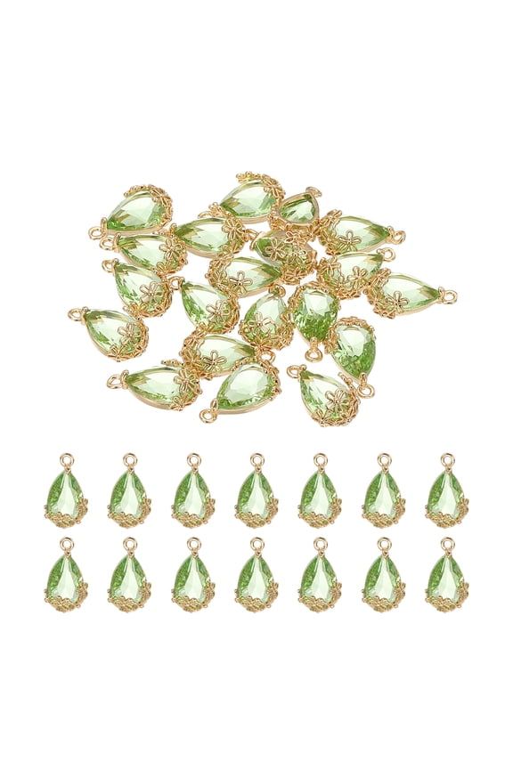 20 Pcs Faceted Teardrop Rhinestone Gemstone Charms, 16 x 9 mm Gold Plated Glass Crystal Dangle Pendants, Light Green