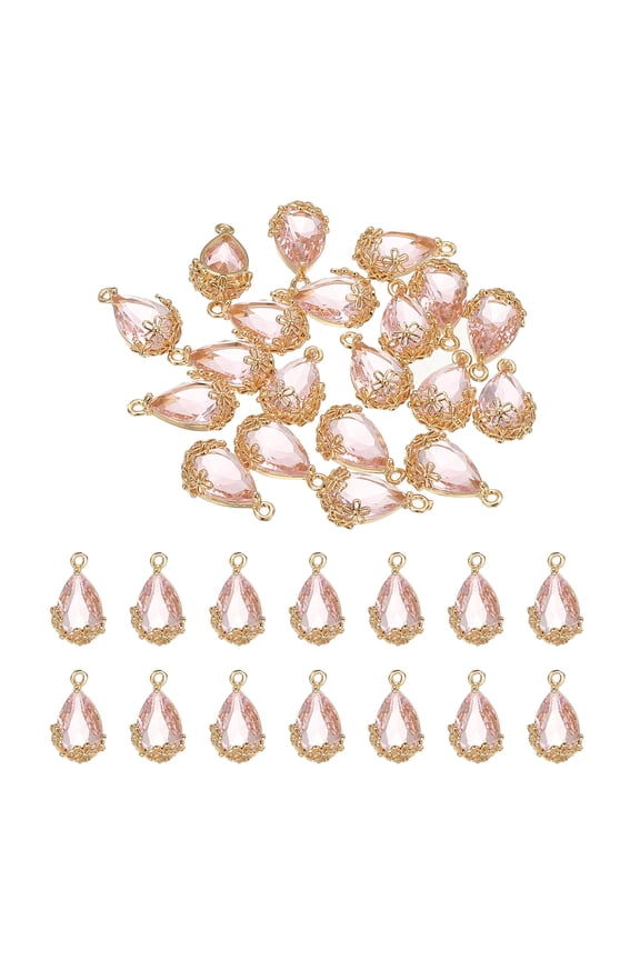 20 Pcs Faceted Teardrop Rhinestone Gemstone Charms, 16 x 9 mm Gold Plated Glass Crystal Dangle Pendants, Pink