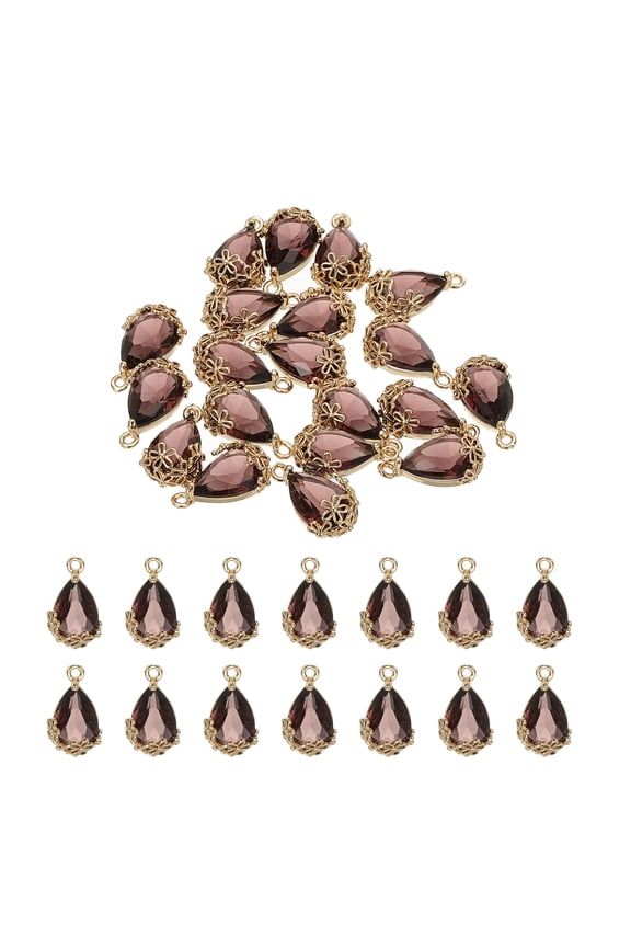 20 Pcs Faceted Teardrop Rhinestone Gemstone Charms, 16 x 9 mm Gold Plated Glass Crystal Dangle Pendants, Purple