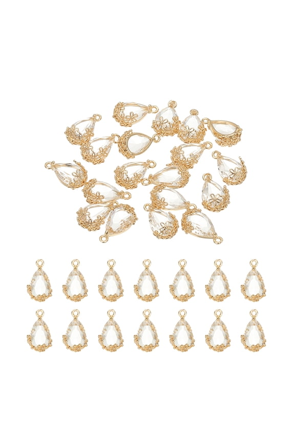 20 Pcs Faceted Teardrop Rhinestone Gemstone Charms, 16 x 9 mm Gold Plated Glass Crystal Dangle Pendants, White