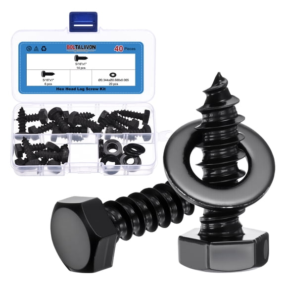 Uxcell 20 Pcs Hex Head Lag Screws - 5/16"x1" Stainless Steel 18-8 (304) Lag Bolts Hexagon Head Heavy Duty Wood Screws with Flat Washers for Wood, Decks, Fences, Furniture, Black