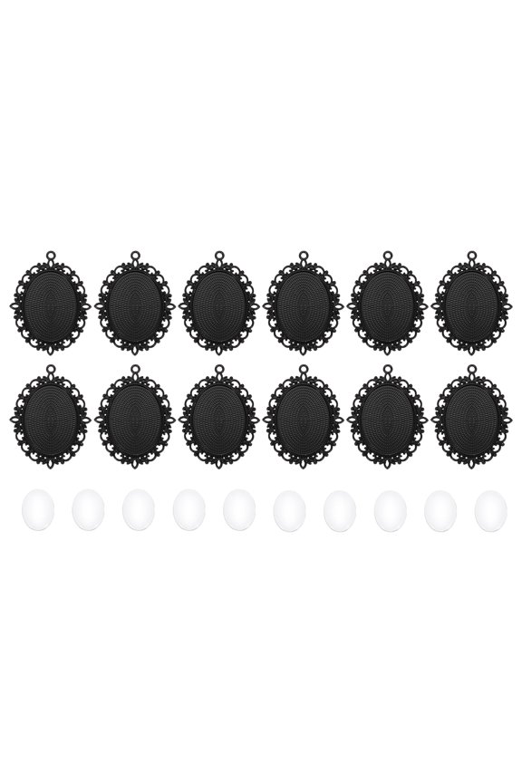 10 Pcs Pendant Making Kit 30mm Oval Pendant Tray Kit Blank Photo Charm Clear Glass Cabochons Necklace Base Trays for Bridal Wedding Bouquet Graduation Jewelry, Black