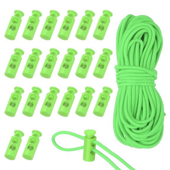 Uxcell 20 Pcs Plastic Cord Locks & 16 ft Elastic Cord, Double-Hole Toggles for Drawstrings End Stopper Fastener Slider Toggles Clip for Shoelaces Backpacks Replacement, Light Green