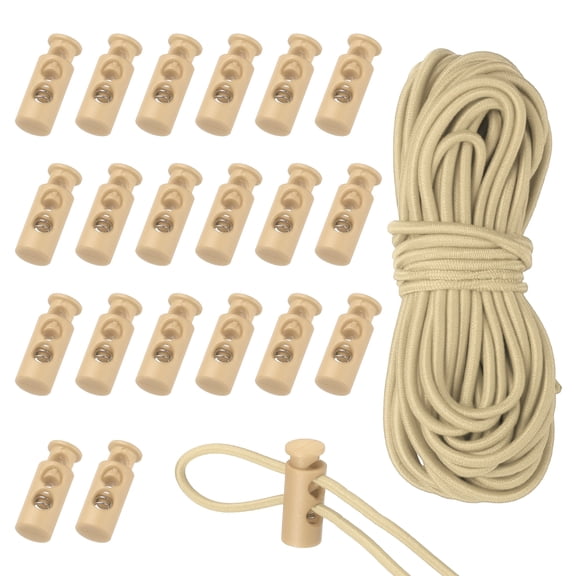 Uxcell 20 Pcs Plastic Cord Locks & 16 ft Elastic Cord, Double-Hole Toggles for Drawstrings End Stopper Fastener Slider Toggles Clip for Shoelaces Backpacks Replacement, Khaki