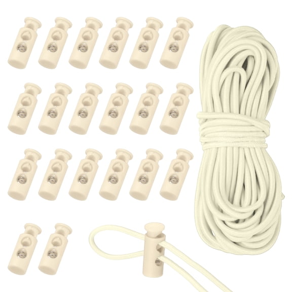 Uxcell 20 Pcs Plastic Cord Locks & 16 ft Elastic Cord, Double-Hole Toggles for Drawstrings End Stopper Fastener Slider Toggles Clip for Shoelaces Backpacks Replacement, Beige