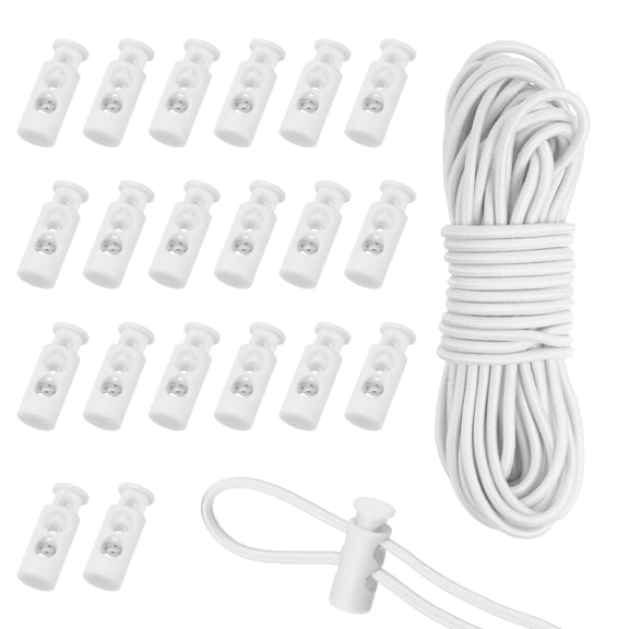 Uxcell 20 Pcs Plastic Cord Locks & 16 ft Elastic Cord, Double-Hole Toggles for Drawstrings End Stopper Fastener Slider Toggles Clip for Shoelaces Backpacks Replacement, White