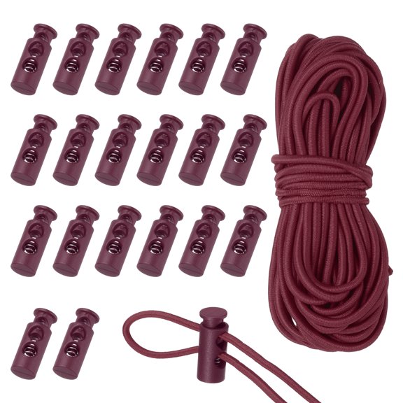 Uxcell 20 Pcs Plastic Cord Locks & 16 ft Elastic Cord, Double-Hole Toggles for Drawstrings End Stopper Fastener Slider Toggles Clip for Shoelaces Backpacks Replacement, Burgundy