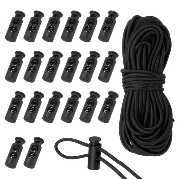 Uxcell 20 Pcs Plastic Cord Locks & 16 ft Elastic Cord, Double-Hole Toggles for Drawstrings End Stopper Fastener Slider Toggles Clip for Shoelaces Backpacks Replacement, Black
