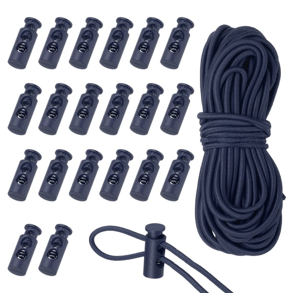 Uxcell 20 Pcs Plastic Cord Locks & 16 ft Elastic Cord, Double-Hole Toggles for Drawstrings End Stopper Fastener Slider Toggles Clip for Shoelaces Backpacks Replacement, Navy