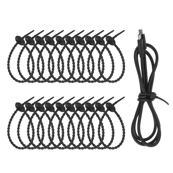 Uxcell 20 Pcs Silicone Ties Bag Clip, 8.5 Inch Multi Purpose Silicone Zip Ties Reusable Rubber Zip Tie, Cable Strap Cord Organizer for Home Office Food Bag Wires Cables, Black