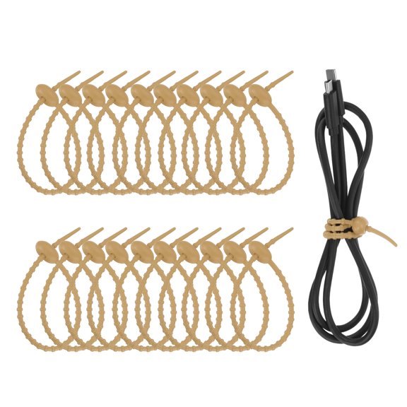 Uxcell 20 Pcs Silicone Ties Bag Clip, 8.5 Inch Multi Purpose Silicone Zip Ties Reusable Rubber Zip Tie, Cable Strap Cord Organizer for Home Office Food Bag Wires Cables, Light Brown