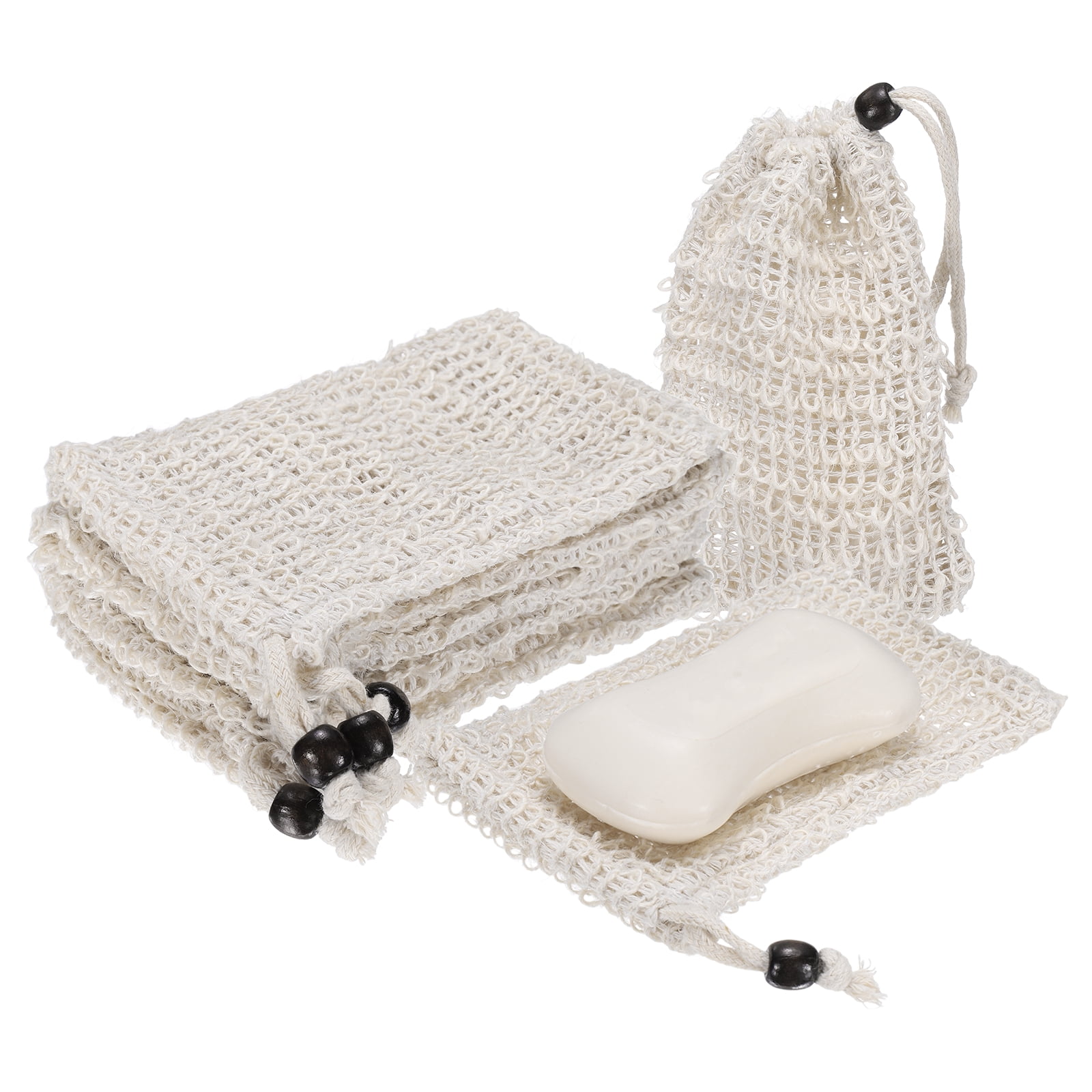 Uxcell 20 Pcs Soap Saver Bag, 5.5"x3.5" Mesh Soap Bag with Drawstring Brown Wooden Bead Cotton Scrubber Pouch Exfoliating Net for Body Shower Foaming Travel Camping, Beige
