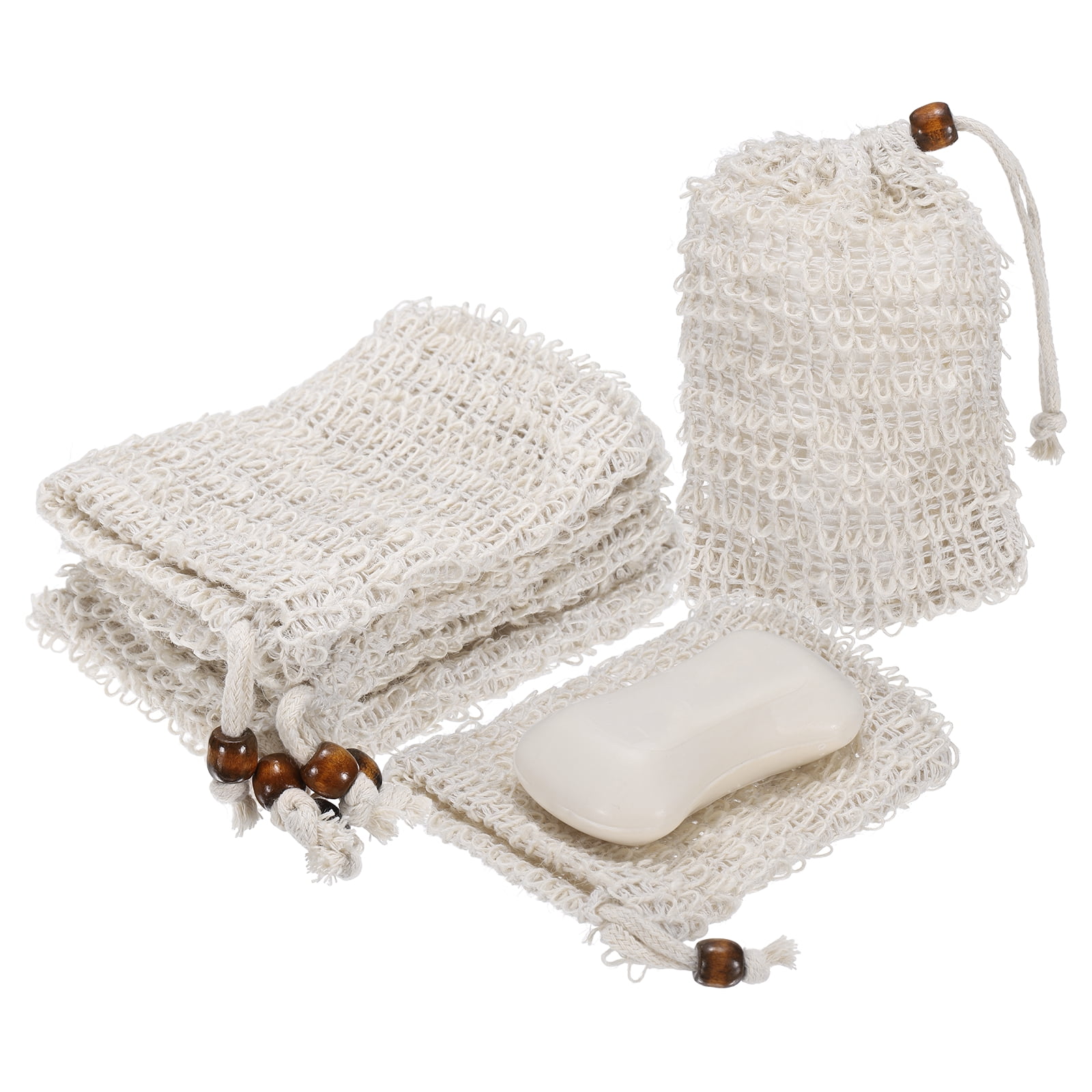 Uxcell 20 Pcs Soap Saver Bag, 5.5"x3.5" Mesh Soap Bag with Drawstring Light Brown Wooden Bead Cotton Scrubber Pouch Exfoliating Net for Body Shower Foaming Travel Camping, Beige