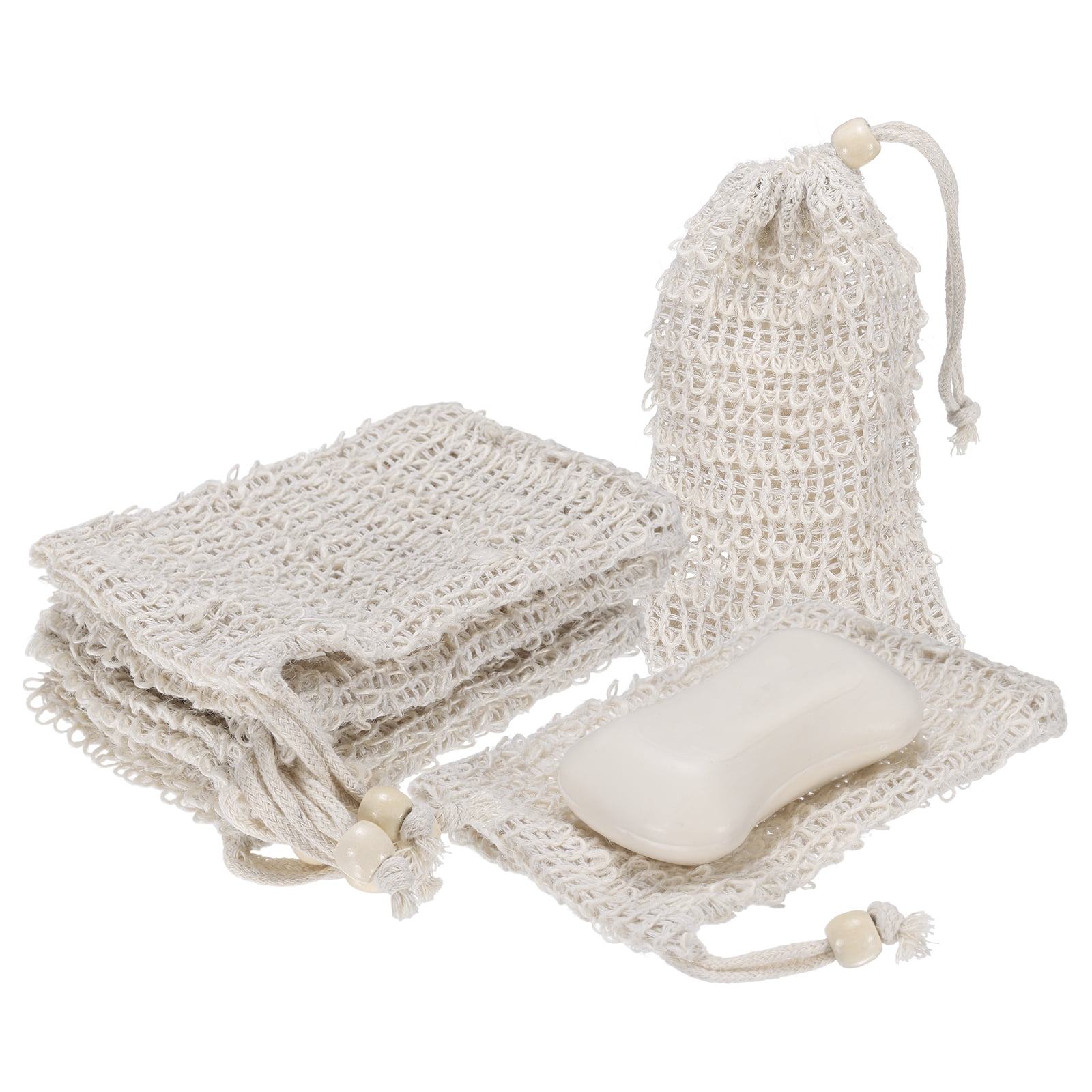 Uxcell 20 Pcs Soap Saver Bag, 5.5"x3.5" Mesh Soap Bag with Drawstring White Wooden Bead Cotton Scrubber Pouch Exfoliating Net for Body Shower Foaming Travel Camping, Beige