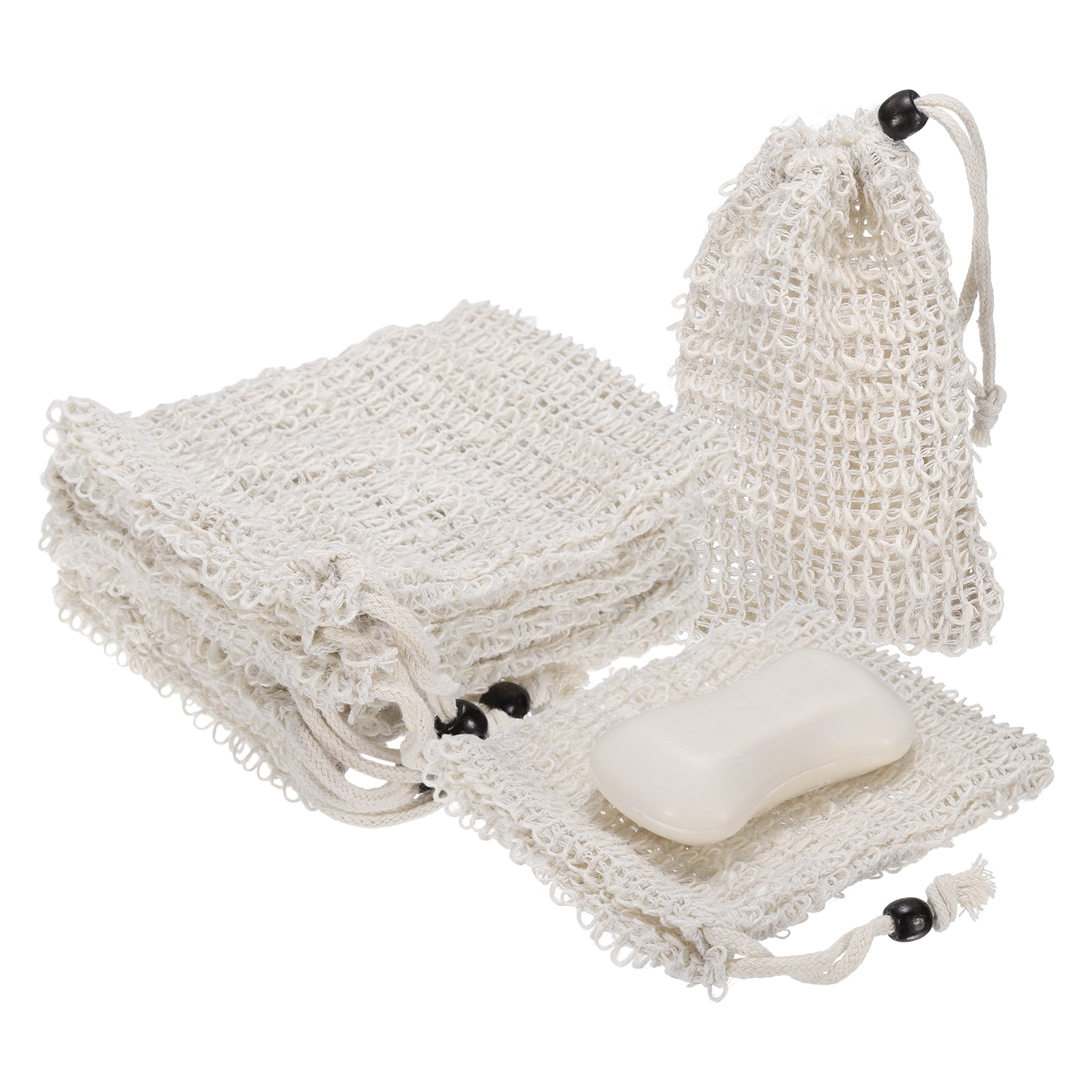 Uxcell 20 Pcs Soap Saver Bag, 5.5"x4.7" Mesh Soap Bag with Drawstring Brown Wooden Bead Cotton Scrubber Pouch Exfoliating Net for Body Shower Foaming Travel Camping, Beige