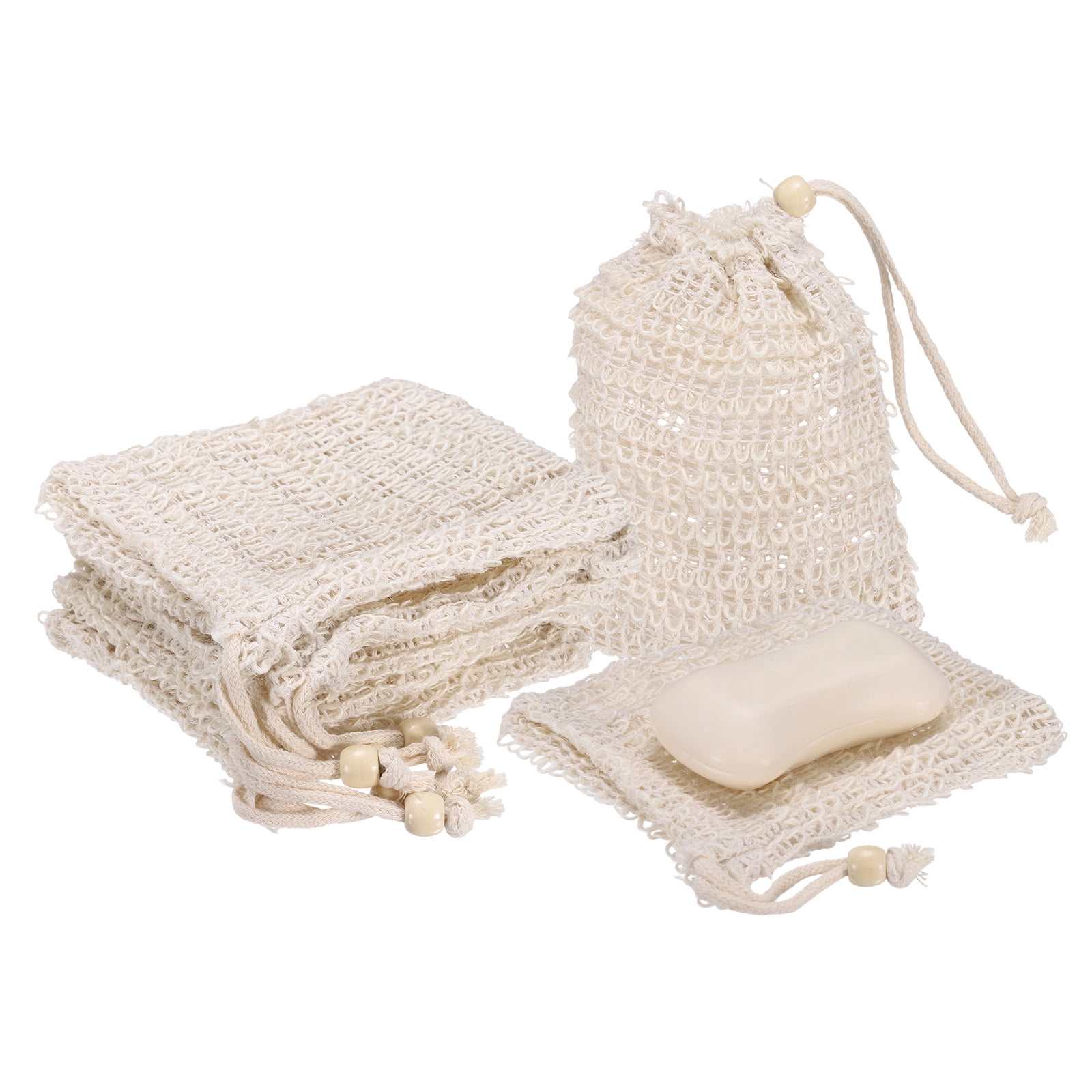 Uxcell 20 Pcs Soap Saver Bag, 5.5"x4.7" Mesh Soap Bag with Drawstring White Wooden Bead Cotton Scrubber Pouch Exfoliating Net for Body Shower Foaming Travel Camping, Beige