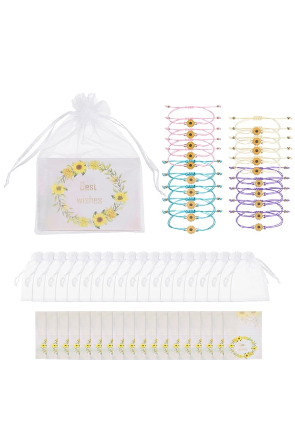 20 Pcs Sunflower Bracelets Bohemia Surf Friendship Bracelet Adjustable Sunflower Braided Rope String Set with Card & Mesh Bag for Women Trendy Jewelry Couple Gifts, Blue/Pink/Apricot/Purple