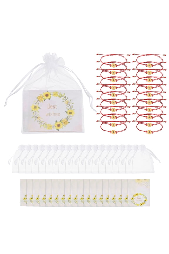 20 Pcs Sunflower Bracelets Bohemia Surf Friendship Bracelet Adjustable Sunflower Braided Rope String Set with Card & Mesh Bag for Women Trendy Jewelry Couple Gifts, Red