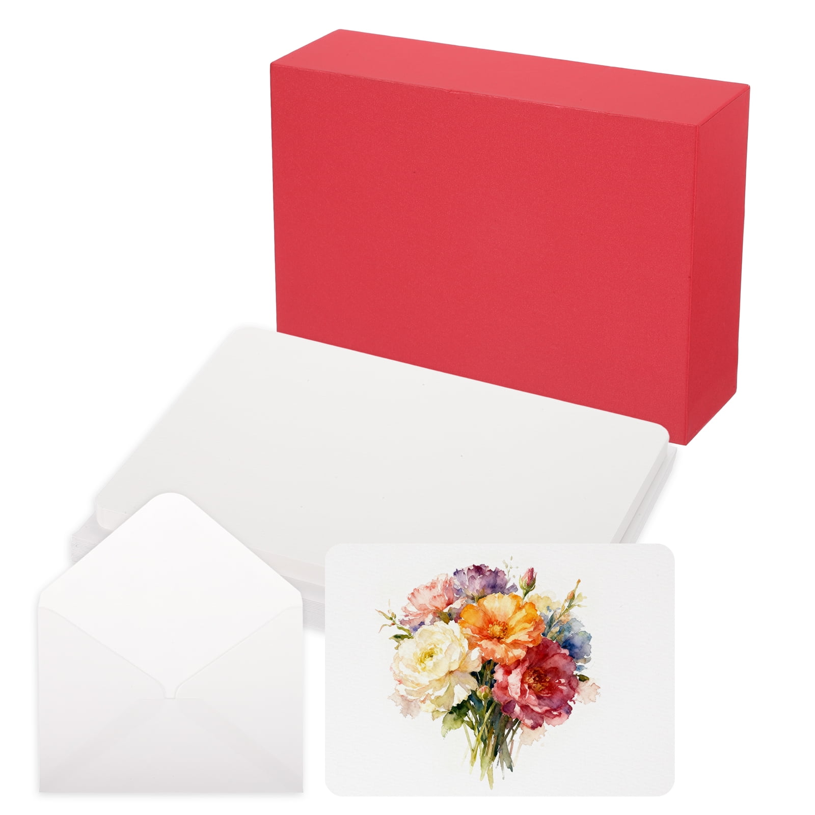 Uxcell 20 Set Watercolor Paper with Envelopes 7 x 5 Inch 140lb/300gsm Artist Painting Drawing Paper Cold Press Water Color Sheet with Red Box for Sketchbook Journal (Round Corner)