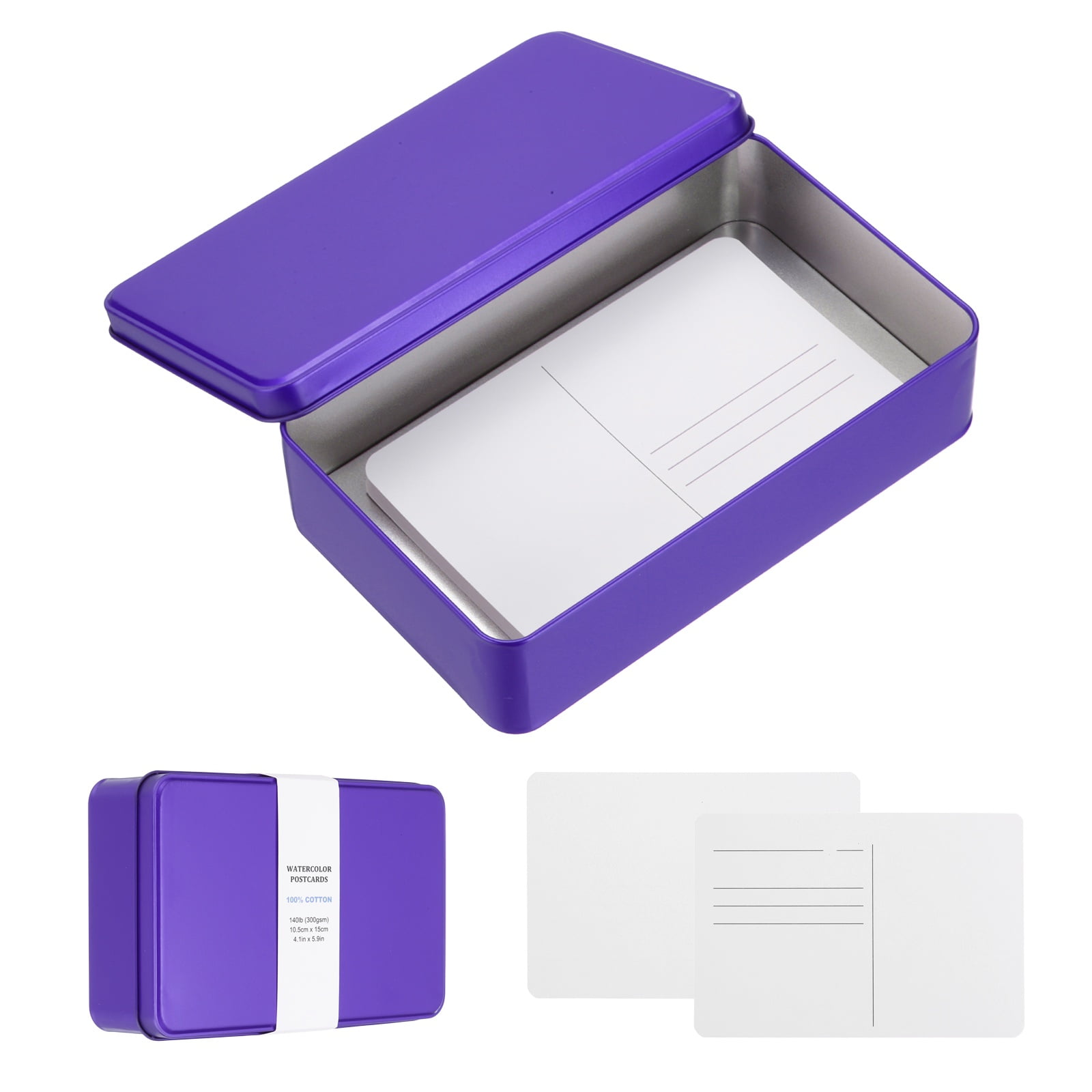Uxcell 20 Sheets Watercolor Postcards, 100% Cotton 4x6 Inch Watercolor Paper with Purple Tin Box Blank Postcards Hot Pressed  for Mailing Painting Invitations Greeting Cards(140lb/300gsm)