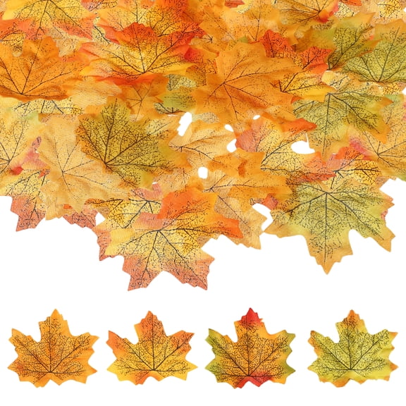 Uxcell 200 Pack Fall Leaves 3.3 Inch Colored Mixed Fake Leaves Artificial Maple Leaf Decorations for Halloween Thanksgiving Day Wedding Party Craft Prop Holiday, Yellow and Green Series