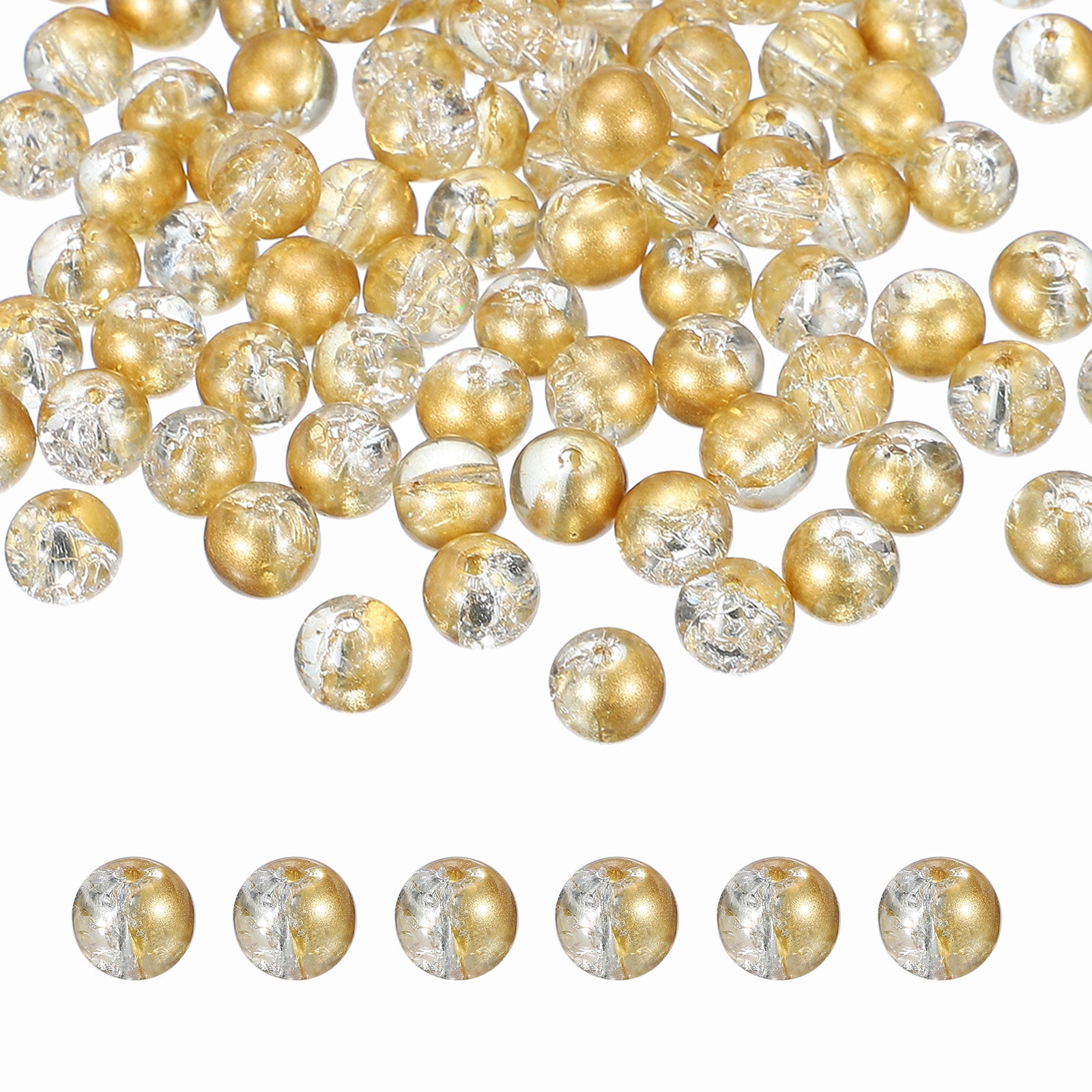 Uxcell 200 Pcs 10mm Crackle Glass Beads for Jewelry Making, Crystal Glass Round Spacer Beads Bulk Loose Beads for DIY Craft Earring Necklace Bracelet Jewelry, Gold