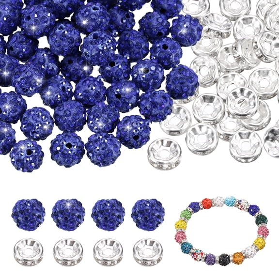 Uxcell 200 Pcs 10mm Rhinestone & Spacer Beads for Jewelry Making, Sparkle Disco Ball Design Crystal Clay Assorted Gems Bulk for Pens Bracelet Necklace Earring DIY Crafting, Dark Blue