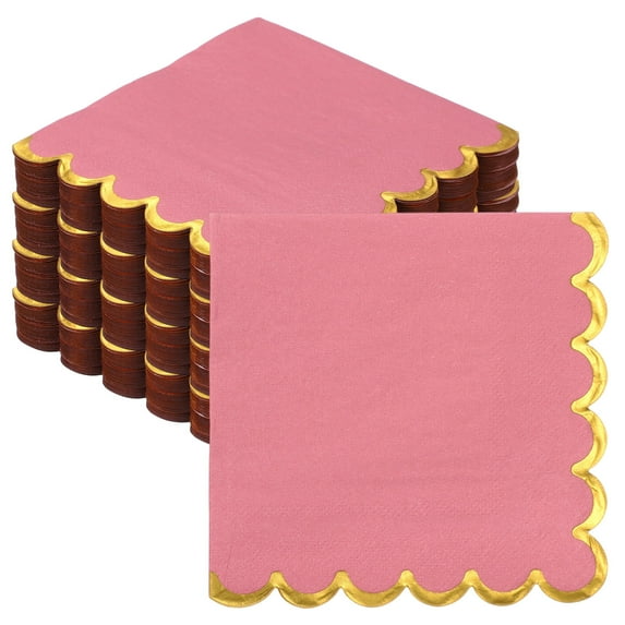 Uxcell 200 Pcs Scalloped Cocktail Napkins with Gold Foil Edges, 5 x 5 Inch Disposable Scalloped Paper Napkins for Wedding Engagement Anniversary Party Tableware Decorations, Dark Pink